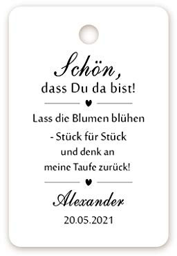 50 PERSONALISIERT Geschenkanhänger Tags Papieranhänger Gastgeschenke Etiketten Schön, dass Du da bist! zur Hochzeit Taufe Kommunion Konfirmation Taufe Geburtstag Blumensamen - Tag 063