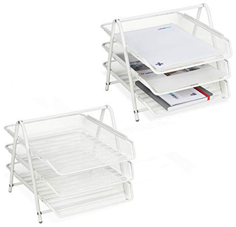Relaxdays 2X Dokumentenablage, Metall, 3 Etagen, Gitter-Design, Büro, A4, Briefablage, HxBxT 26,5 x 29,5 x 35,5 cm, Weiß