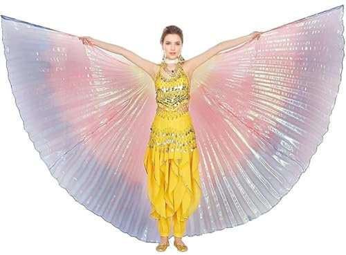 Leemiman Damen Bauchtanzflügel für Erwachsene Bauchtanz Kostüm für Halloween Karneval Performance Engelsflügel mit Stöcken, regenbogenfarben, Einheitsgröße