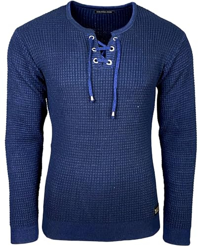 Subliminal Mode - Jersey de punto para hombre con cuello en V con cordones - Estilo básico - Corte ajustado - Jersey de punto de invierno de manga larga - Idea de regalo BX52132, azul, M