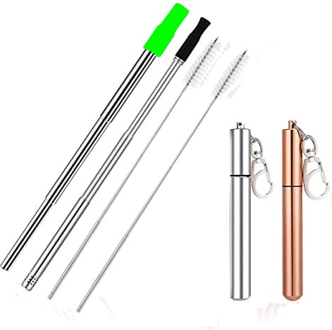 2 Pcs Portable Metal Straws, 3-Section Adjustable Telescopic Straw with Silicone Tips Cover, Aluminum Keychain Case and Telescopic Cleaning Brush, Unique Design for Home Travel(Silver & Gold) 11