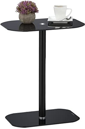 Relaxdays Beistelltisch, Glas & Stahl, HxBxT: 54,5 x 44,5 x 29,5cm, Sofatisch für Wohnzimmer, abgerundete Ecken, schwarz