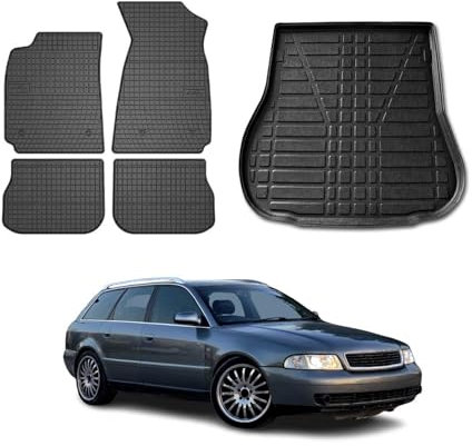 Fußmatten & Kofferraumwanne Set kompatibel mit Audi A4 B5 Avant 1994-2001 Gummi Schwarz 5X