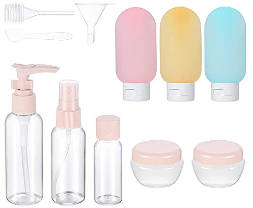 Axroad Mall 11 Pcs Travel Bottles Set for Toiletries, Leak Proof Silicone Refillable Squeezable Travel Accessories for Toiletries, Cosmetic, Shampoo, Conditioner, Lotion (pink)