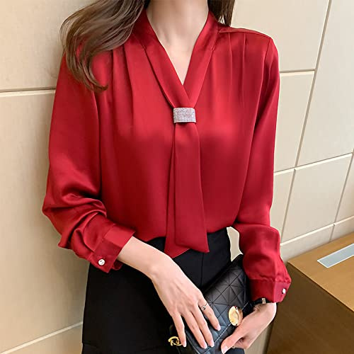 MIDJ Damen Bluse Elegant, Elegante Satin-Bluse für Damen, Chiffon, Roter V-Ausschnitt, Band, Business-Bluse Mit Strass-Brosche, Langen Ärmeln, Knopf, Sexy Tops, Hemd, Pullover für Mädchen, Damen, XXL