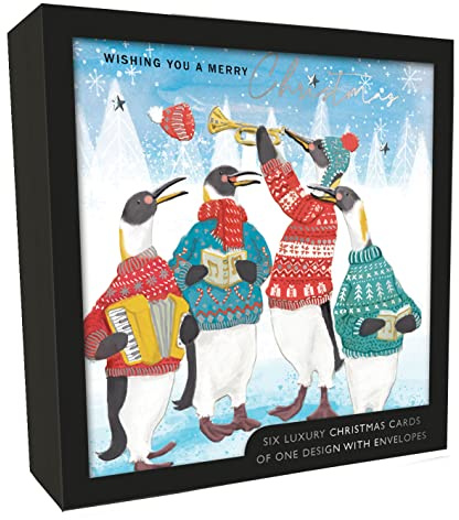 Box of 6 Penguin Carol Singers Luxury Hand-Finished Christmas Cards Card Boxes XLSB062