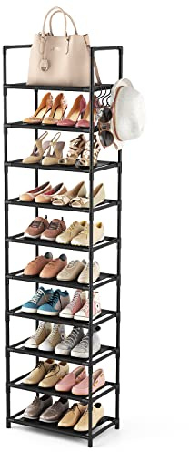 LANTEFUL 10 Tiers Tall Shoe Rack 20-25 Pairs Boots Organizer Storage Sturdy Narrow Shoe Shelf for Entryway, Closets with Hooks, Black