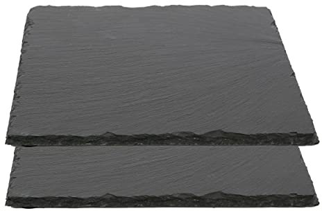 Plato Llano de Pizarra Natural, Fuentes de Cocina, Platos para Sushi, Plato de Pizarra, Bandejas para Servir Alimentos Quesos, Tapas Sushi, Negro, Tablas de Piedra 25 x 25 x 0,8 cm - 2 Unidades