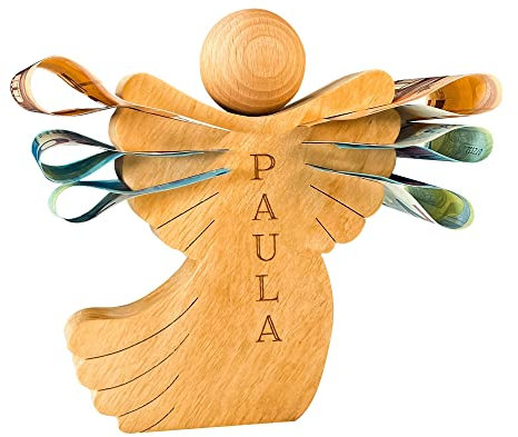 Engel Figur aus Holz, Schutzengel mit Gravur, Personalisierte Holzengel Dekofigur mit Namen, Geldgeschenk für Mädchen und Jungen, Taufgeschenk, Holz Deko Engel, Geschenke zur Geburt, Holzfiguren
