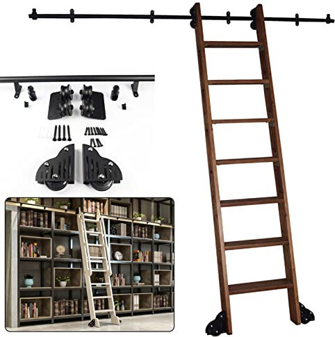 WhfPs Schiebeleiter-Schiene, Schiebe-Scheunentor-Beschläge, Gleitschienen-Set, Holz-Schiebetür-Beschläge, Schrank-Set, Bibliothek, Rollleiter-Schienensystem, Keine Leiter – runde Schiene/Schiene