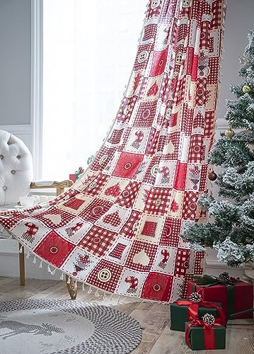 iyoimono Boho Vorhänge Rot Weihnachten Vintage Gardinen Landhausstil Häkeln Stricken Vorhänge,Baumwolle Leinen Quaste Transluzente Gardinen für Küche Wohnzimmer Schlafzimmer,2 Stück,150×240cm