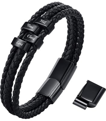 VNOX Herren Armband mit Gravur,Schwarz Lederarmband Herren Handgefertigt Geflochten,Personalisierte Armbänder für Herren,Weihnachtsgeschenke Geschenke für Männer Papa Freund Bruder(02Black 4)
