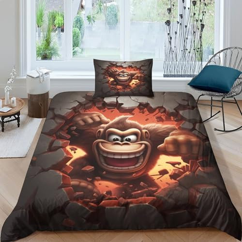 AAHARYA Cute AFFE Bettwäsche Set - Zeichentrickfilm Orang-Utan, 3 Teilig, Weich, Pflegeleicht, Bettbezug Mit Reißverschluss, Kissenbezug, Single (135x200cm)