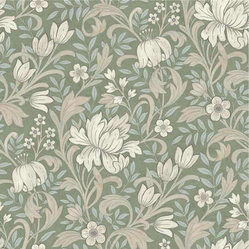 SOPHIE LAURENCE Sage Green Floral Wallpaper Light Blue Leafs Beige Flowers Smooth Matte Thick Wallpaper for Feature Wall Living Room Bedroom