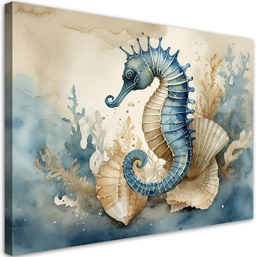 Feeby Wandbild - Wohnzimmer Modern Deko - Seepferdchen Blau wie gemalt - 60x40 1tlg - Bilder Leinwand - Bild auf Leinwand Schlafzimmer - Leinwandbilder für die Wand - Canvas Painting - Fotokunst