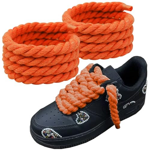2 Pièces Lacets Chaussures Fait Main Corde Premium Gros Ronds éPais en Coton Gros Lacets Corde Chunky Torsadé Lacets de Chaussures Fabriqué Avec Coton Premium pour Sneakers Baskets(Orange)
