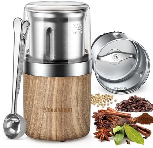 COOL KNIGHT Kaffeemühle Elektrisch, Kaffeemühle mit Kaffeedosierlöffel und 1 Edelstahlbehälter. 100 g Kapazität Gewürzmühle, Grinder für Gewürze, Kaffeebohnen, Nüsse