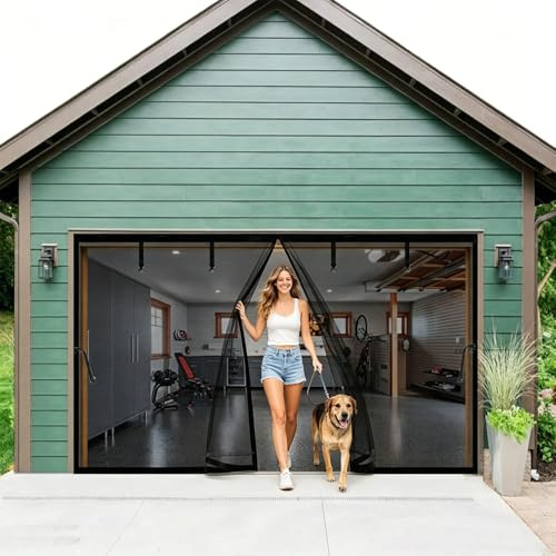 Garage Door Screen 10x10ft for 1 Car, Retractable Fiberglass Magnetic Screen Mesh Sliding Doors Curtain, Heavy Duty Weighted Bottom, Easy Assembly &Pass, Hands Free for Garage Patio (Black, 10x10ft)