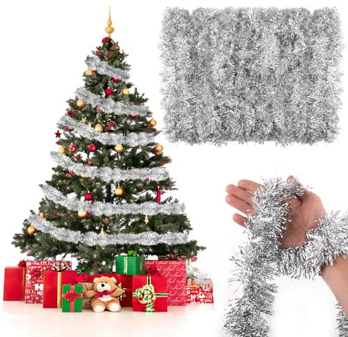 Deepton 10M Lametta Girlande Weihnachten, Glänzend Weihnachtsgirlande, Lamettergirlande, Girlande Weihnachten, Tannengirlande Weihnachtsdeko, Weihnachtsbaum Deko, Girlande Partydekoration (Silber)