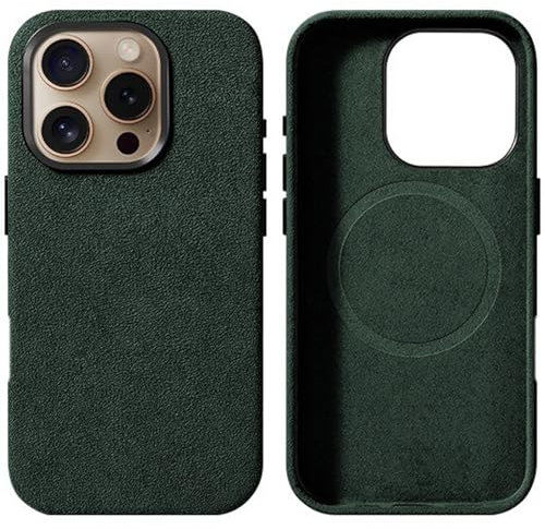QANXGOG Alcantara Hülle für iPhone 16 Pro Max/16 Pro/16 Plus/16, Handgefertigtes Synthetik-Wildleder Cover [Kompatibel mit MagSafe] Edles Design, Hautfreundlich, Kratzfest,Green,16 Pro
