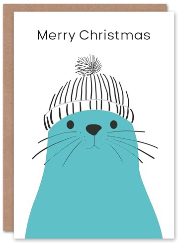 Artery8 Cute Blue Seal With Winter Hat Bright Modern Blank For Him Or Her Art Christmas Card