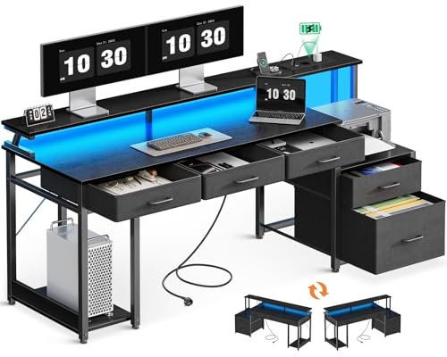 Coleshome Scrivania con 5 Cassetti in Tessuto, Scrivania Gaming con Supporto per Monitor e Luci LED, Scrivanie PC Reversibile con Presa di Corrente, Scrivanie Ufficio in Casa, Nero, 160x48cm