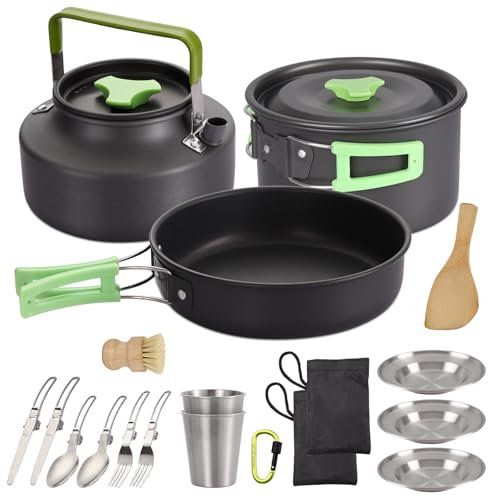 PELLOR Camping Geschirr Set 17-teiliges Outdoor Camping Kochgeschirr, Tragbar Aluminium Camping Kochset für Camping Angeln Picknick Wandern Reisen