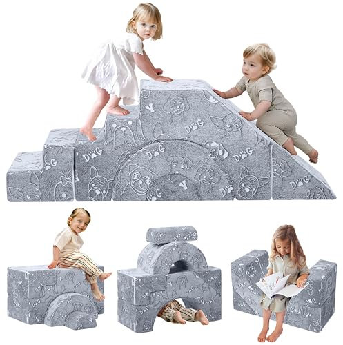 MeMoreCool Kindersofa Spielsofa, Modulares Schaumstoff Bausteine, Baby-Schlafsofa zum Klettern und Krabbeln, Softbausteine für Kinderzimmer oder Spielzimmer, Mini Sofa mit Rutsche und Treppe, Hund