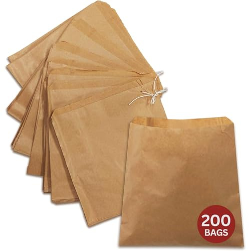 200 x Strung Kraft Paper Bags (8.5 x 8.5 inch) – Brown Paper Bags for Food, Lunch, Gifts, Groceries, Sandwiches & Takeaway | Greaseproof & Eco-Friendly Fruit Bag | Recyclable Medium Brown Bag