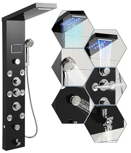 Hebitod Panel de ducha LED con grifo, columna de ducha 6 en 1 de acero inoxidable 304, con 5 funciones de ducha (ducha de lluvia, ducha cascada, ducha de masaje, ducha de bañera, ducha de mano), color