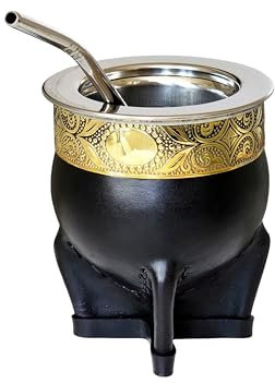 Taza Mate Imperial Argentino Premium - Hecho de Acero Inoxidable Térmico - Exterior Cuero Negro con Bronce - Incluye Bombilla de Regalo. (Estilo 2)