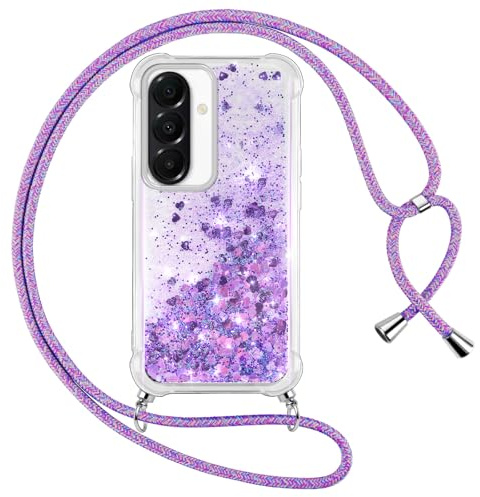 Vauki handyband für Samsung Galaxy A36 Hülle mit Band, Silikon Durchsichtig Transparent Flüssig Glitzer mit Kette Kordel Bumper Treibsand Necklace TPU Schutzhülle Case für Samsung Galaxy A36, Violett