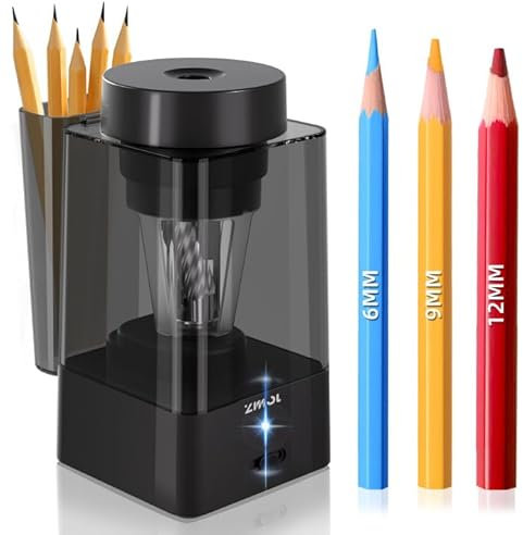 Zmol Full Automatic Pencil Sharpener,Electric Pencil Sharpeners for 6-12mm Jumbo Colored Pencils,Heavy Duty Sharpener for Classroom, Rechargeable Sharpener with Container, Home/School/Office/Black