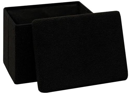PINPLUS Faltbarer Bouclé Sitzhocker mit Stauraum, 42x32x32 cm, Schwarz | gepolsterter Hocker mit Deckel, Fußhocker & Aufbewahrungsbox, platzsparend, für Wohnzimmer, Schlafzimmer, Flur