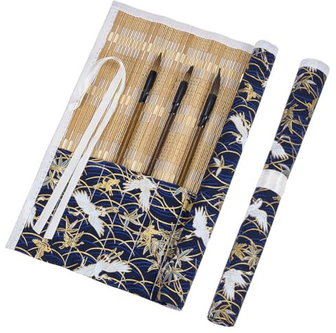 AHANDMAKER 1Pc Bamboo Brush Holder Rollup Portable Protector with Khaki Crane Pattern Storage Organizer Roll-Up Case Bag for Paintbrushes Pencils, Pens Tools Storage 350x312x3mm