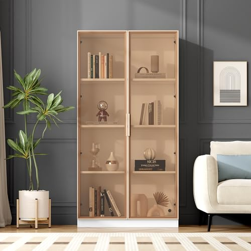 LANTRO JS Glasvitrine mit Led Beleuchtung, Vitrine Weiß mit DREI Beweglichen Einlegeböden, Schrank mit Glastüren, EIN Stück, 80x40x160cm