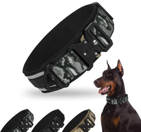 FEimaX Hundehalsband Personalisiert Hunde Halsband für Kleine Mittelgroße Hunde, Breite Reflektierende Verstellbares Taktisch Hundehalsband mit Metallschnalle für Ausbildung (Grau Tarnmuster, M)