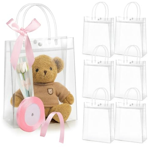 EUYKQNOI 6 Stück geschenktüten durchsichtig,geschenktüte hochzeit,geschenktüte baby durchsichtige tüten,durchsichtige Geschenktüten mit Henkel,Partytüten mit Schleifen,Geschenktüten für Hochzeit