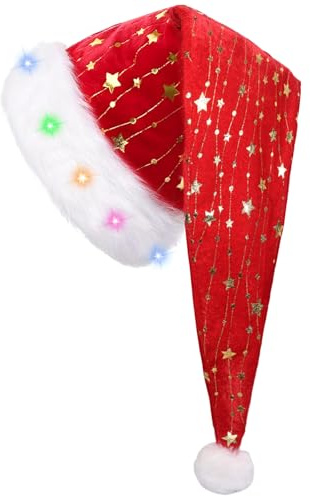 Weihnachtsmütze Erwachsene, LED Weihnachtsmütze mit Licht, Lang Weihnachtsmützen Glitzer, Nikolausmütze Plüsch, Santa Hat mit Goldener Stern, Christmas Hat, Santa Claus Mütze für Herren Damen Zubehör