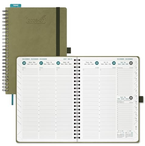 BEZEND Kalender 2026 2027 Buchkalender 1 Woche 2 Seiten A5 (21,5 x 15,5 cm) | 18-Monate Wochenplaner (Juli 26-Dez 27), Ringbuch mit PU-Leder Softcover, 80 GSM Papier, Kiwi