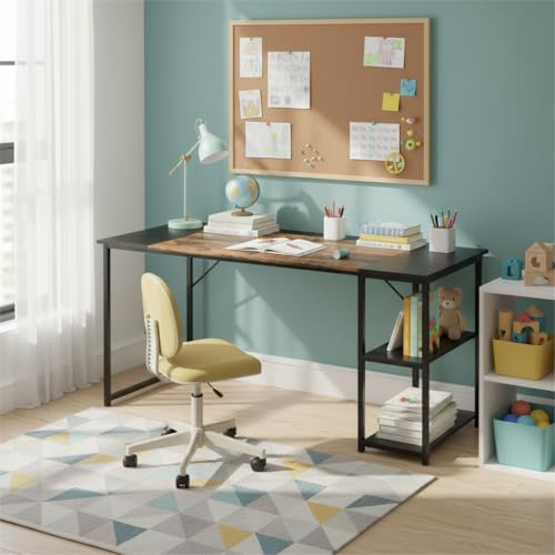 FurnitureR Schreibtisch für Kinder/Jugendzimmer, 140 x 60 cm, zweifarbiges Tablett, Retro, Braun und Schwarz, 2 seitliche Regale, höhenverstellbar, Struktur aus Metall, große Stauräume