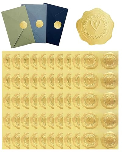 HUVZOR 100 Stk 3,5cm Herz Wachssiegel Selbstklebend Gold Briefumschlag Aufkleber Umschlagaufkleber Siegelaufkleber für Umschlag Postkarte Einladung Grußkarte Dekoration Wachs Siegel Sticker Hochzeit
