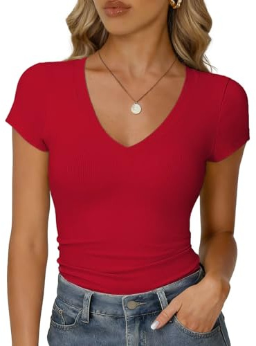 RIROW Damen Sommer T-Shirt V-Ausschnitt Kurzarm Rippstoff Slim Fit Basic | Weiches Hautgefühl, atmungsaktiv elastisch, Gerippte Oberteile, Elegantes Rippshirt, Figurbetont, Casual, Alltag & Freizeit