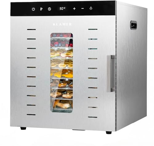 KLAMER Dörrautomat Edelstahl XXL 1000W mit 10 höhenverstellbaren Fächern | 24-Stunden-Timer, 30 bis 90 °C für Obst, Gemüse und Beef Jerky, Touch-Bedienung und Abschaltautomatik