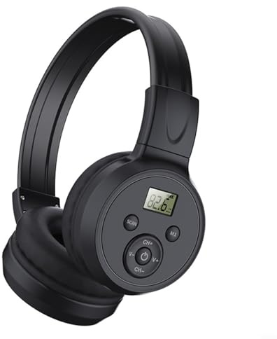 HomeVortex Cuffie con Radio FM Portatile, con Display LCD, Ricaricabile per Batteria e Pieghevole, Ricevitore Regolabile Sopra l'orecchio, per Viaggi, Casa e Ufficio Nero (per modello con batteria)