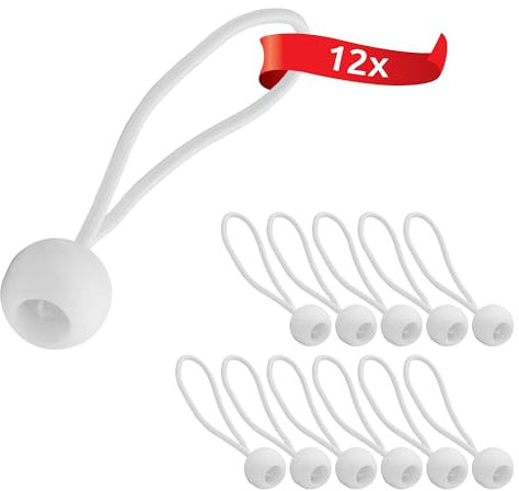 ECENCE 12 Piezas Tensores de Goma con Bolas - Gomas Elásticas de Plástico para Lonas, Carpas, Pabellones y Tiendas - Fijación Segura con Gran Fuerza Tensora - Blanco