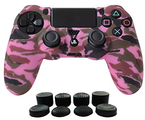 Hikfly Silicone Controller Cover Skin Protector Case Faceplates Kits for Sony Playstation 4 PS4/PS4 Slim/PS4 Pro Cntroller Video Games(1x Camouflage Cover with 8 x FPS Pro Thumb Grips Caps)(Pink)