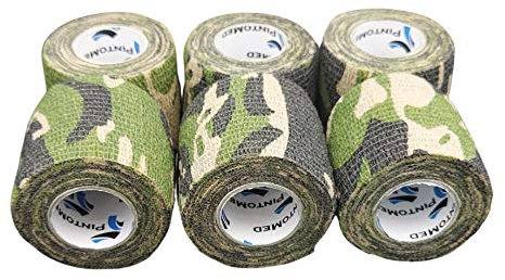 PintoMed Selbstklebender Verband, Gedehnt -6 x Grüne Tarnung - 5cm x 4,5m - Bandagen Rollen Haftbandage Fixierbinde selbsthaften; Health Pflaster Sport Tape Stück für Handgelenk Bein Arm Vet Wrap