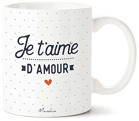 Manahia Mug Couple - Je t'aime d'amour - Imprimé en France - Cadeau Saint Valentin - Imprimé en France - 330 mL, Céramique - Cadeau Femme - Cadeau Homme - Tasse Je t'aime