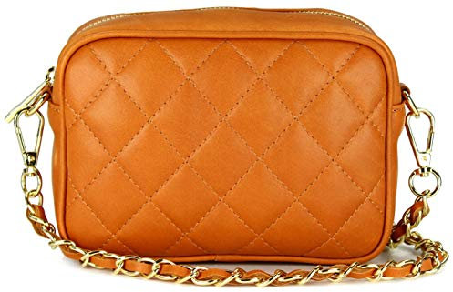 Belli italienische Echt Nappa Leder Abendtasche Damentasche kleine Umhängetasche zum Ausgehen gesteppt in cognac - 18x13x7 cm (B x H x T)